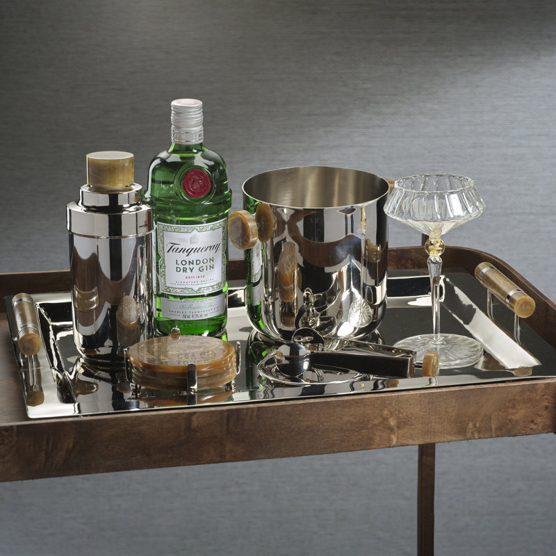 Gomez Stainless Steel Serving Bar Tray, Nickel w/ Amber Accent