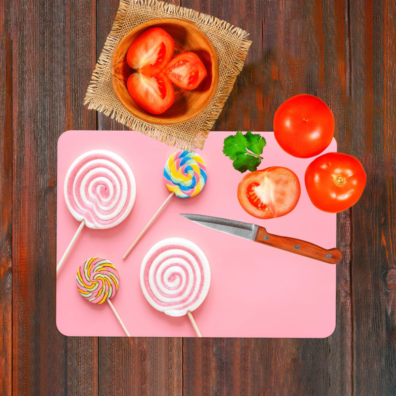 Planche à découper en verre moderne à thème en sucre rose conçue pour servir des barres chocolatées, idéale comme cadeau personnalisé