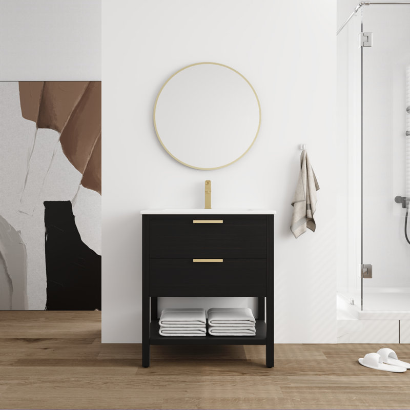 Meuble-lavabo simple 30,34 po avec comptoir en céramique Takirah, Noir, Or
