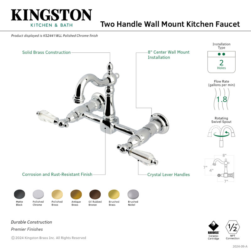 Kingston Brass Willshire Double-Handle 2-Hole Wall-Mount Bridge Kitchen Faucet, Antique Brass