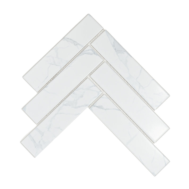 Statuario 2" x 8" Herringbone Porcelain Mosaic Tile