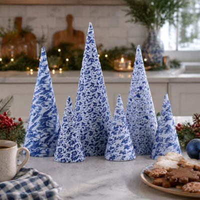 6 pièces de décorations d'arbre de Noël en forme de cône de Noël chinois de 12 po à 10 po et 6 po à motif d'arbre de Noël bleu et blanc