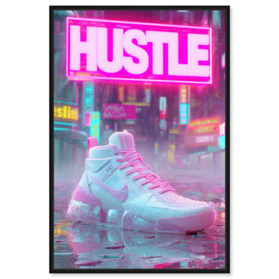 Neon City Rain Sneakers Canvas Print Sneaker Wall Art by Art Remedy, Black Frame, 10 x 15