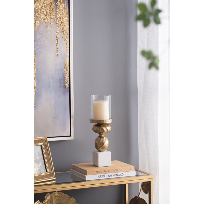 Gold and White Glass Diamond Stem Hurricane Lamp
