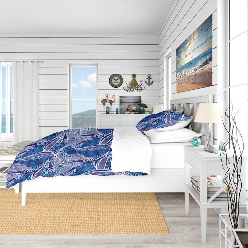 King Blue Nautical Fish Pattern Microfiber Duvet Cover Set