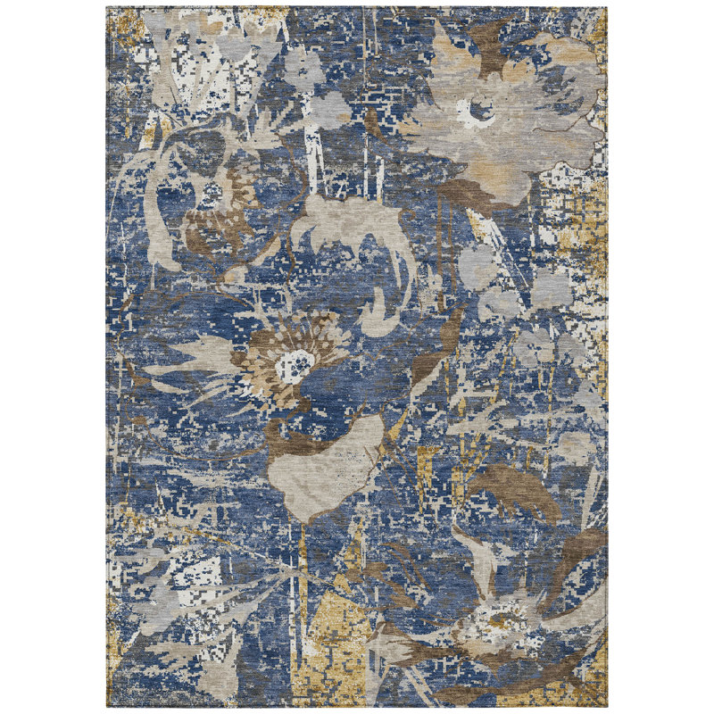 Machine Washable Indoor/Outdoor Chantille ACN2929 Floral Rug, Navy, 9' x 12'