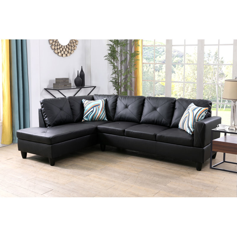Burgundy Faux Leather 2-Piece Sectional Sofa Set with Chaise, Left Hand Facing, Ultimate Black Faux Leather