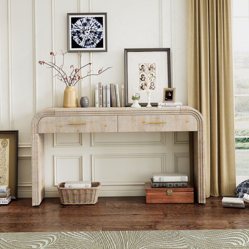 Console unique de style rétro avec un design ouvert et deux tiroirs supérieurs pour un décor élégant et un grand espace de rangement
