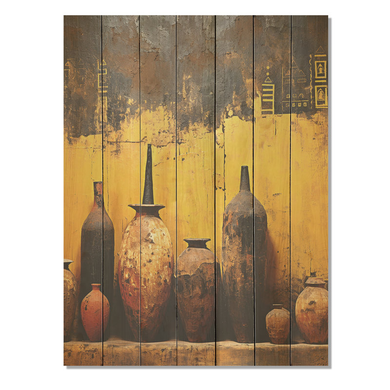 Yellow Contemporary Pottery Artistry - Boho Pottery On Wood Print, 44" H x 34" W