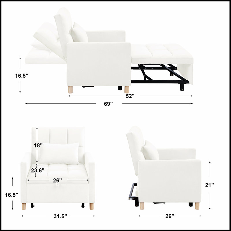 Canapé-lit convertible en velours convertible, fauteuil inclinable réglable avec coussin pour un confort polyvalent, Beige