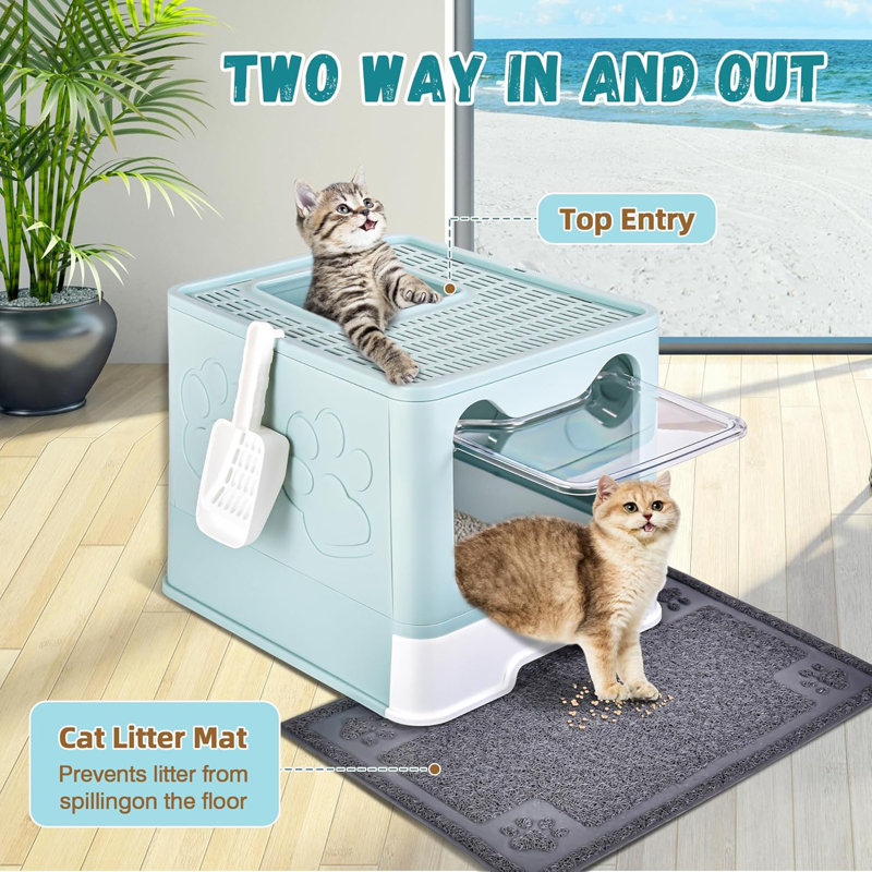 Bac à litière pour chat avec couvercle pliable, pot à litière avec tiroir, très grand couvercle avec tapis, entrée et sortie sans chat / à sens unique, contrôle des odeurs, anti-éclaboussures, nettoyage facile (bleu)