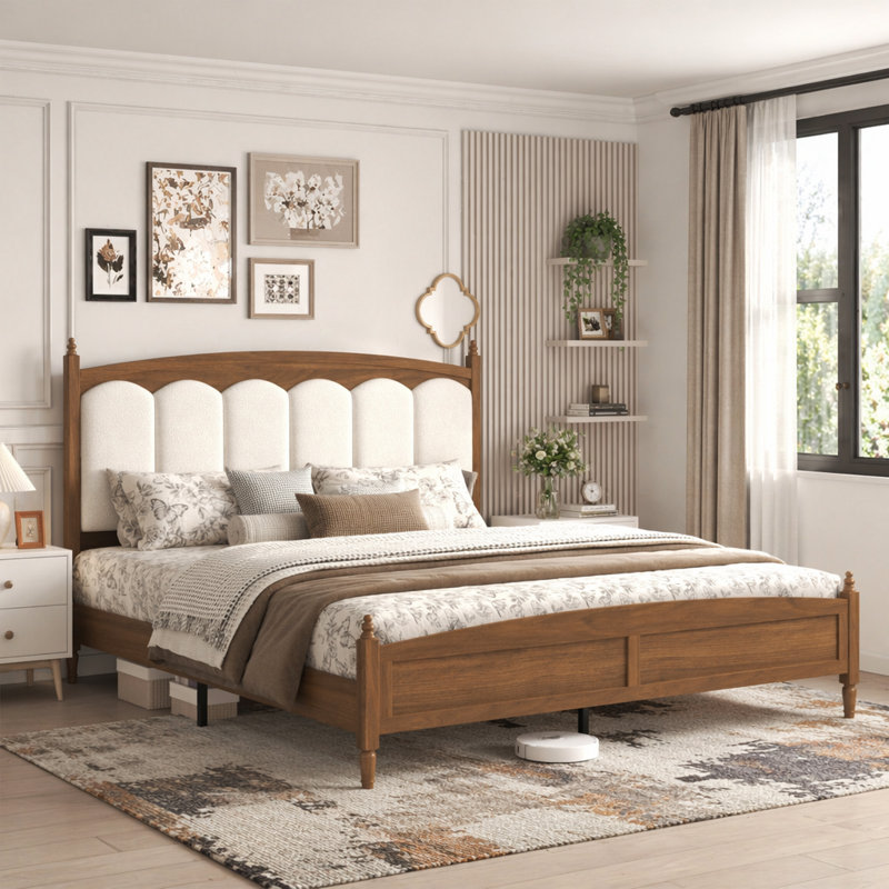 Lit plateforme très grand Mid-Century avec tête de lit tapissier, King