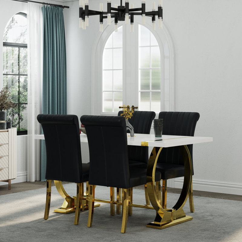 Ensemble de table de salle à manger 5 pièces Glam Gold avec 4 chaises en cuir noir et or, 5, Noir et or, Doré