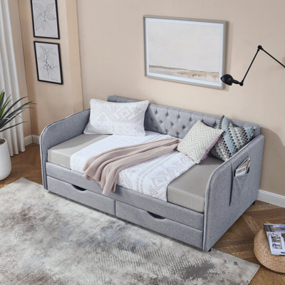 Twin Size Upholstery Trundle Daybed Bed And Two Storage Drawers, Flat Arms With Pocket, Extendable Daybed