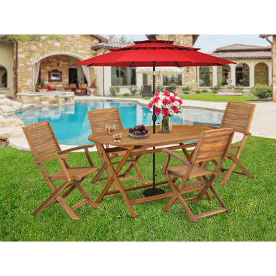 5 Piece Outdoor Patio Dining Sets Consist of an Oval Acacia Wood Table and 4 Folding Arm Chairs, 36x60 Inch, Natural Oil