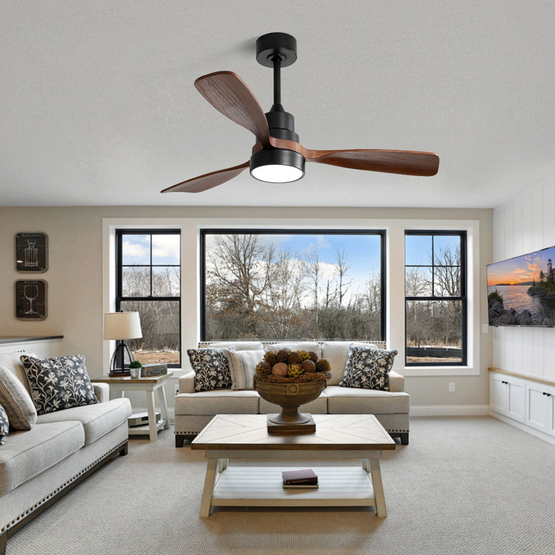 48 Inch Modern Ceiling Fan With Lights 3 Wood Fan Blade Noiseless Reversible Motor Smart Remote Control, Black, Brown