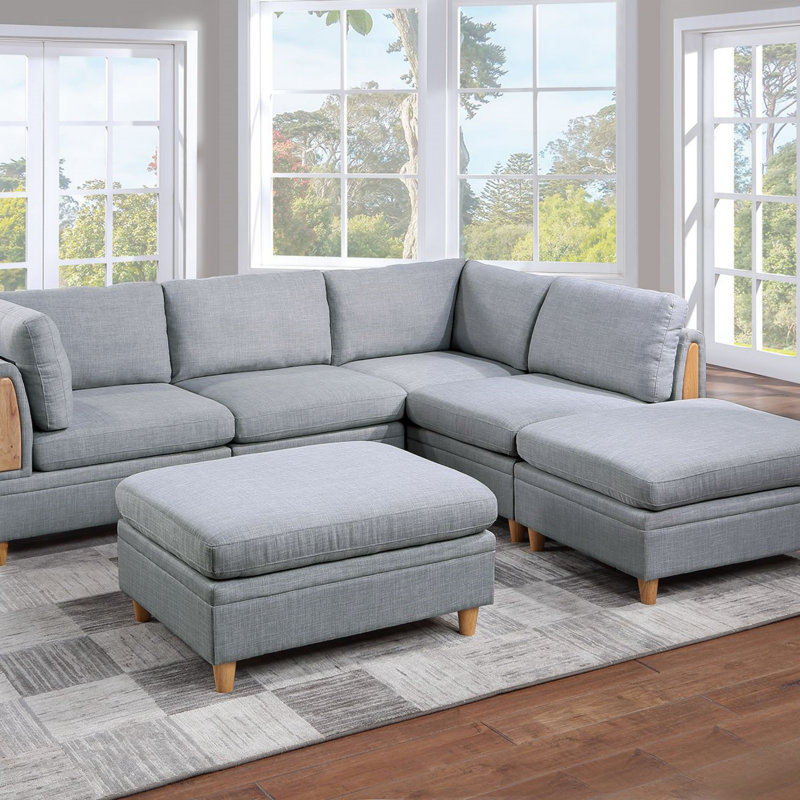 Ensemble de canapé modulaire contemporain en tissu 6 pièces Dorris, Bois jaune moyen, Tissu gris pâle