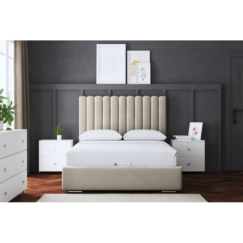  Panel Ottoman Bed with Headboard, Double (4'6), Beige