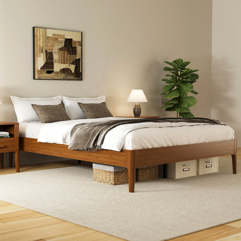 Structure de lit plateforme en bois de bambou sec massif de 15 pouces de hauteur, Grand lit, Brun