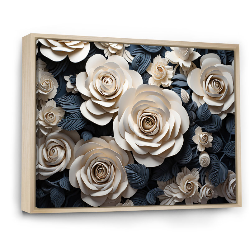 «Blue and White Roses Moonlight Grace», reproduction sur toile, Cadre naturel flottant, H 16 po x l 32 po x P 1 po