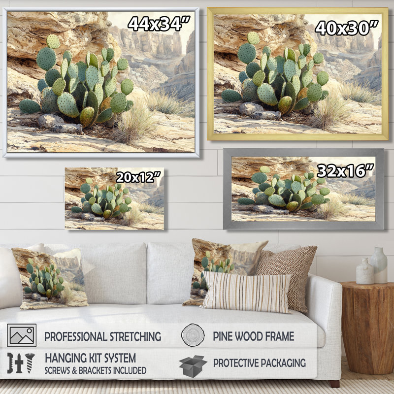 Marila Arizona Cactus At The Canyons Edge II - cactus, art mural sur toile, H 30 po x l 40 po, Brun, Cadre flottant
