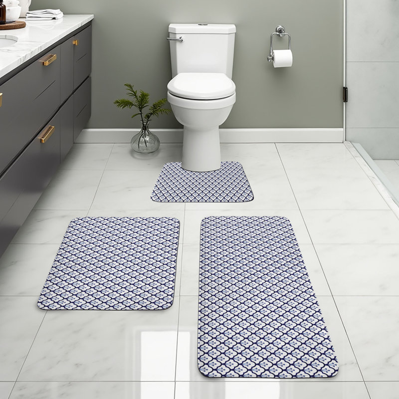  Ensemble de 3 tapis de salle de bain Dutch et tapis rectangulaires indigo et blanc Dutch