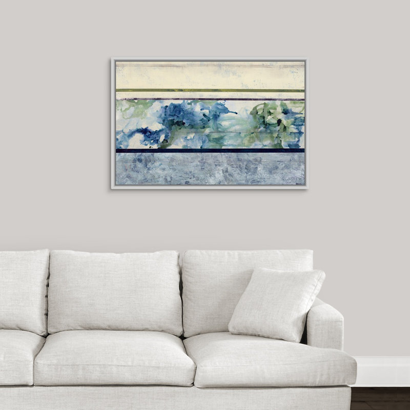« water variations », peinture sur toile, H 25,7 po x l 37,7 po x P 1,75 po, Cadre flottant blanc