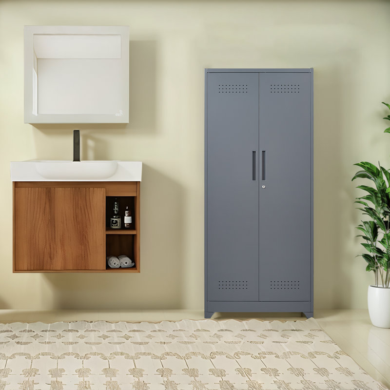 Grande armoire à outils en acier avec cadre renforcé, surface antirouille, portes verrouillables et tablettes réglables, Gris