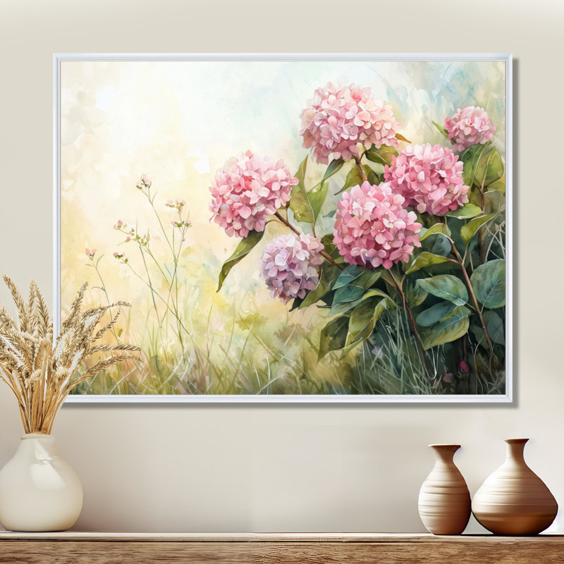 Hortensias dans un pré d'été II - hydrangées, art mural, H 16 po x l 32 po, Impression encadrée flottante, Blanc