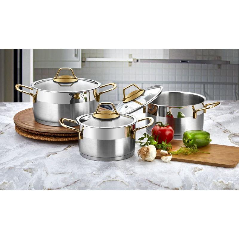Hal 6 - Piece Stainless Steel (18/10) Cookware Set, Silver/Gold