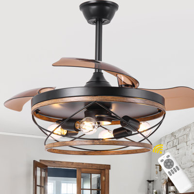 42" Farmhouse Caged Ceiling Fan with Light and Remote, Quiet Reversible DC Motor, Retractable Ceiling Fan