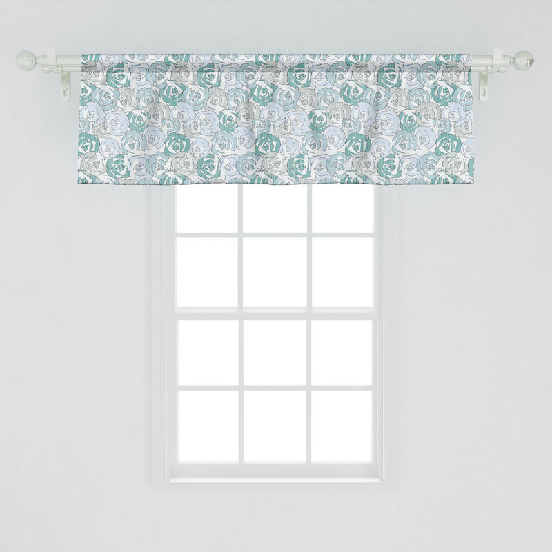 Pale Blue Teal Floral Satin Rod Pocket Valance Set