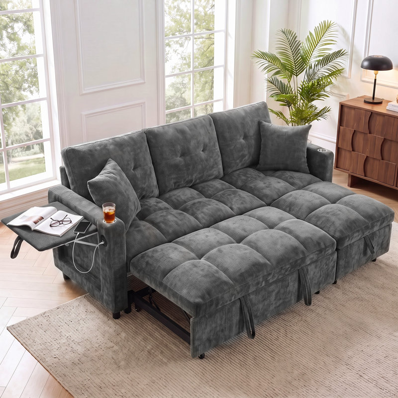 AUKFA Canapé-lit modulaire en L escamotable en L 82 po avec méridienne de rangement et table d'appoint, gris, Gris