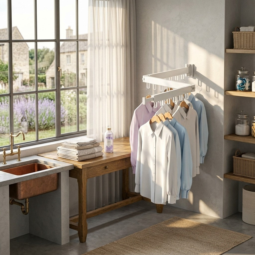 Space-Saving Wall Mounted Collapsible Clothes Drying Rack with Hooks