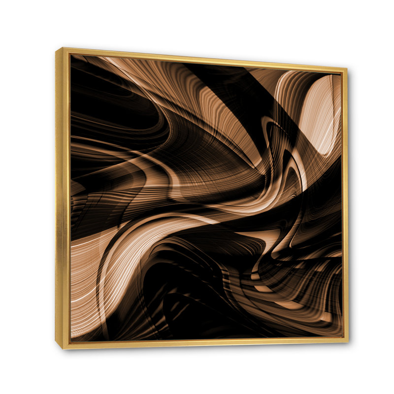 Art abstrait abstrait vague brune - art mural moderne sur toile, H 30 po x l 30 po x P 1 po, Cadre flottant doré