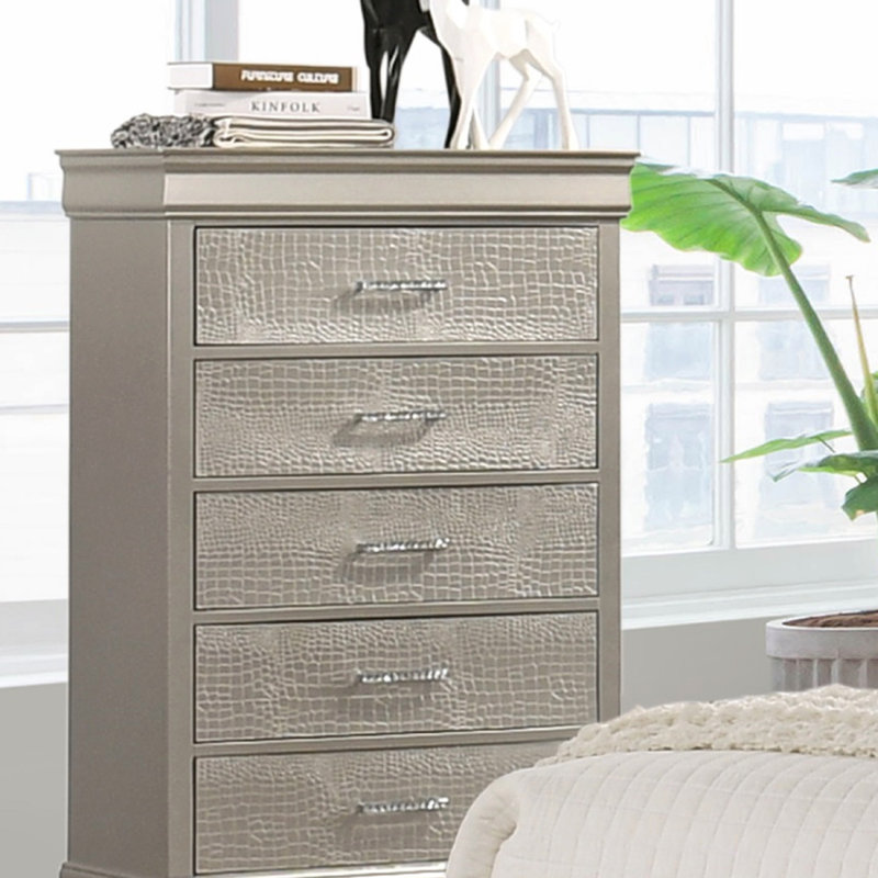 Mobilier de chambre à coucher 5 tiroirs 5 pièces, Beige / Champagne