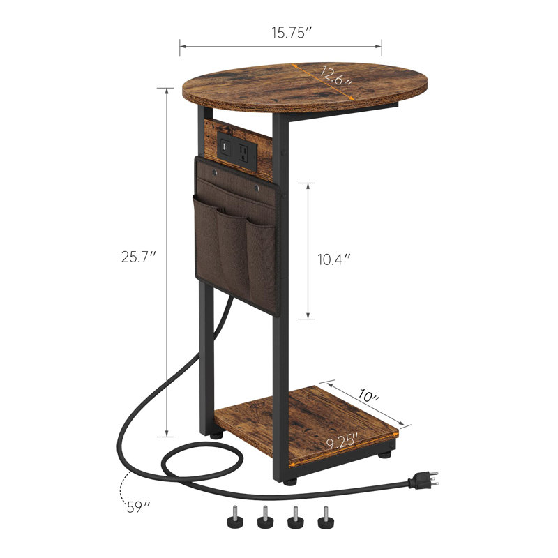 C Shaped End Table with Charging Station, Rustic Brown