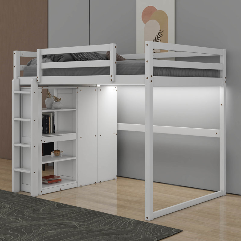 Lit mezzanine double avec garde-robe, tablettes et éclairage à DEL, Blanc