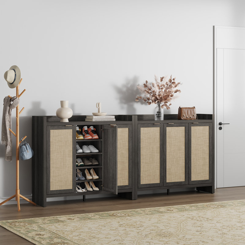 Chada 30 Pair Rattan Shoe Storage Cabinet With 3 Doors And Adjustable Shelves, Black