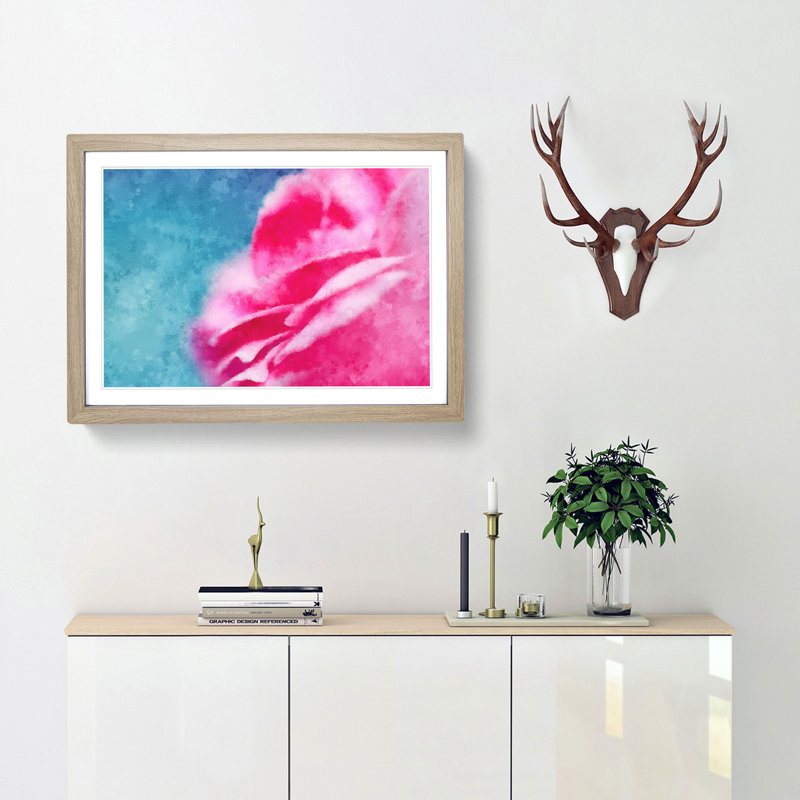 Pink Carnation on Blue - Picture Frame Painting Print, Oak Framed, 45cm H x 63cm W x 2cm D