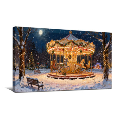 Christmas Winter Carousel Night Scene Snowy Park Lights