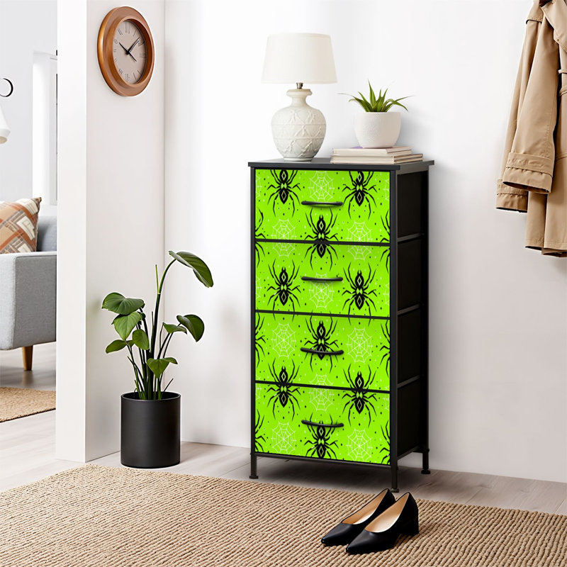 Commode à 4 tiroirs pour chambre, commode étroite avec plateau en bois et structure en fer robuste, 45,7 x 95,2 cm (L x H), motif gothique d'araignées noires, toiles d'araignées blanches et imprimé vert d'Halloween