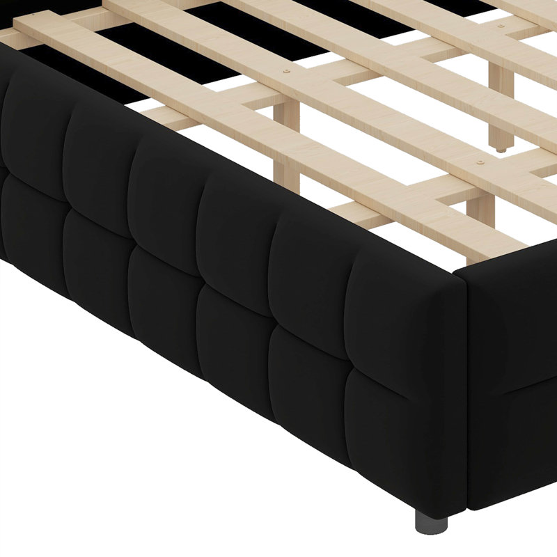 Upholstered Platform Bed With Thick Headboard And Footboard, Stitching Design Upholstery Grounded Bed Frame, Black, King