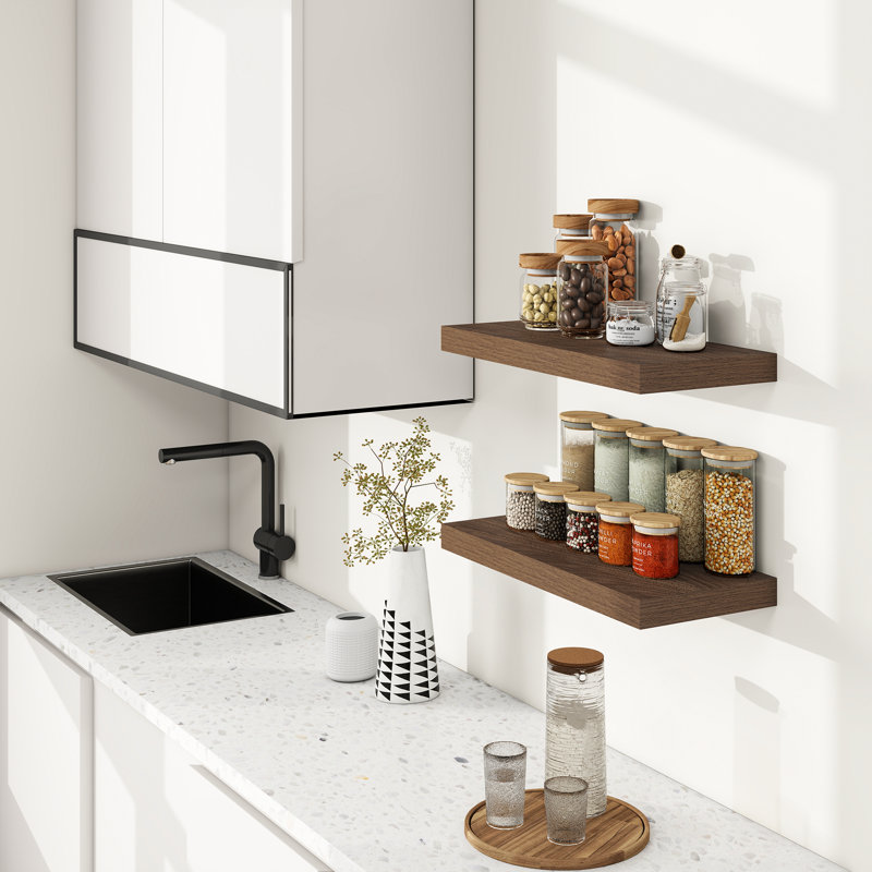 2-Piece Floating Wall Shelves, 9.3" Deep, Wall-Mounted Design, 1.5" H x 24" W x 9.3" D, Walnut