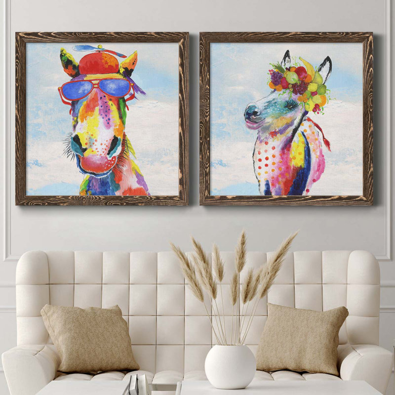 «Groovy Horse And Sky», ensemble de 2 peintures sur toile encadrées, Encadré de bois de noyer, H 35,5 po x l 71 po x P 1,5 po