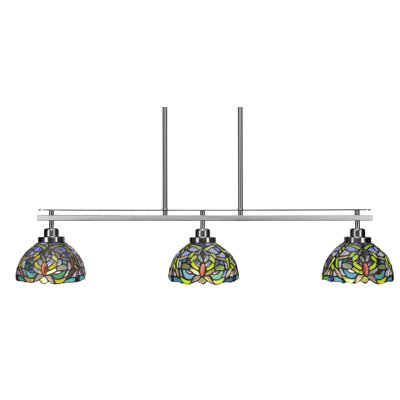 Luminaire pour îlot de cuisine 3 lumières Barba, fini nickel brossé avec verre d'art kaléidoscope de 7 po