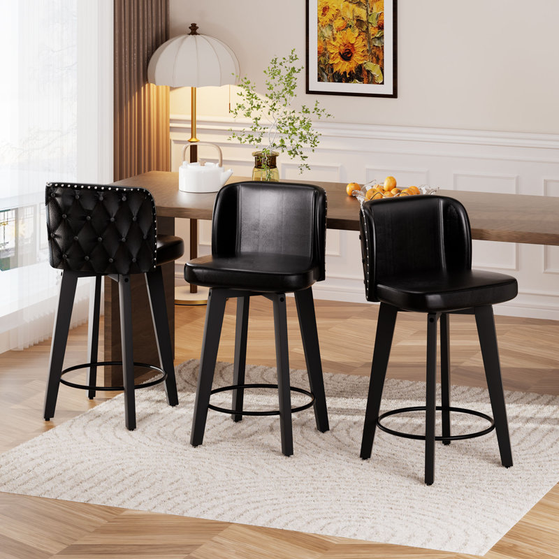 27.5in Swivel Bar Stools Set of 3, Black PU Leather Seat with Tufted Back, Solid Wood Legs, Counter Height Bar Chairs for Kitchen Island, Dining, Café (Set of 3)