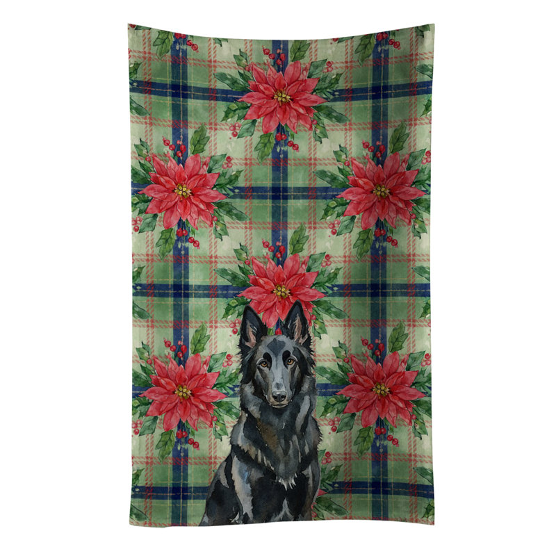 Belgian Sheepdog Groenendael Christmas PoinsettIas Kitchen Towel, Black Belgian Sheepdog Groenendael