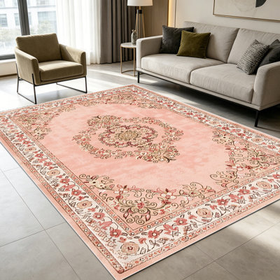 Tapis de style traditionnel bohémien à motif floral rose 1pc pour salon, doux, toutes saisons, facile à entretenir, lavable, idéal pour la table à manger, la chambre à coucher, le bureau à domicile ...