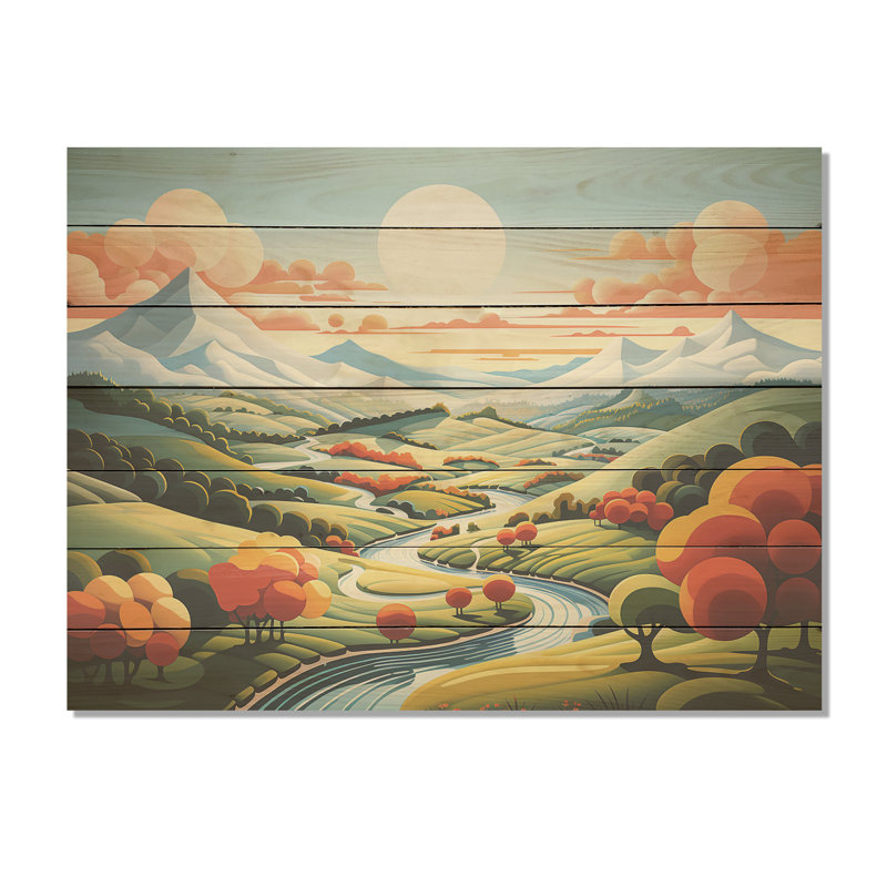 Motif champêtre minimaliste multicolore II - prairie sur bois, H 10 po x l 20 po